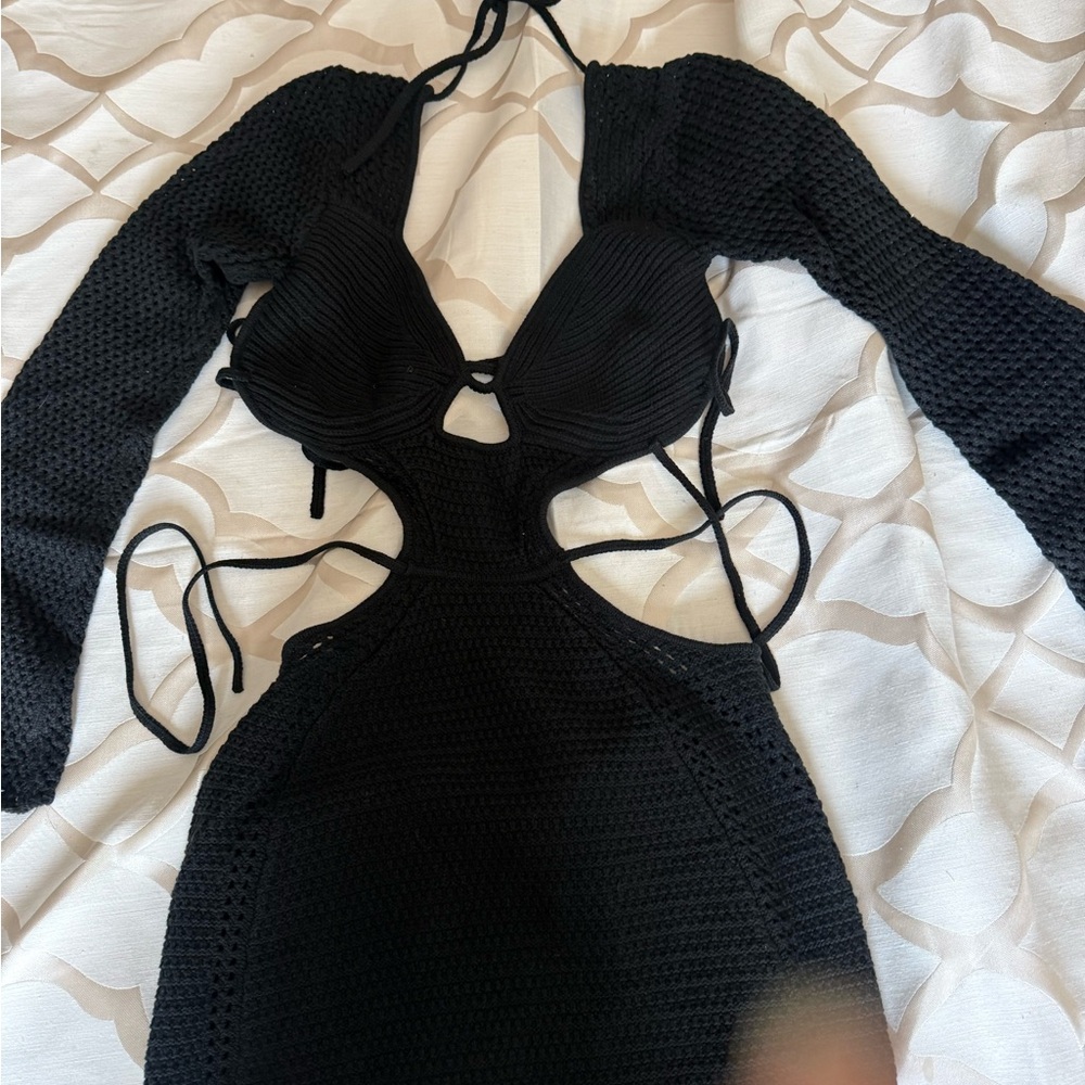 Black Crochet Cutout Long Sleeve Dress